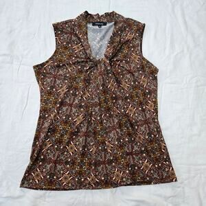Relativity Brown And Black Patterned Ruched Sleeveless V-neck Blouse Top Shirt